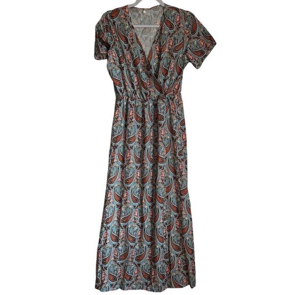 Women's Paisley Print Maxi Dress V-Neck‎ Short Sleeve Boho Summer - Picture 1 of 4